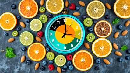 Vibrant clock surrounded by colorful citrus fruits berries and almonds