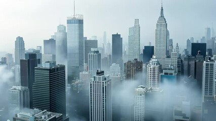 Urban skyline hidden in thick smog with tall buildings and muted colors during overcast weather, urban environment with thick smog, Seamless ing video background - Powered by Adobe
