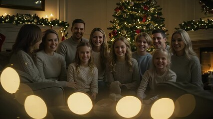 A large family gathers together on Christmas night to take a commemorative photo