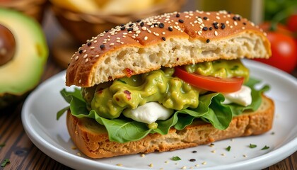 Delicious sandwiches on homemade seed bread, avocado cream sauce, thinly sliced ​​tomatoes and fresh rocket served on a white plate, wooden table, soft natural light tones, bright and appetizing color
