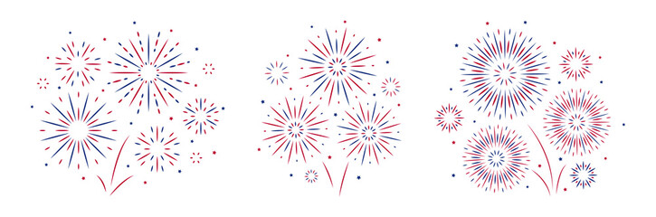 4th of July fireworks set in flat style. USA Independence Day explosion with blue red color. Labor day decoration for poster banner card. Happy new year birthday Sparkles.