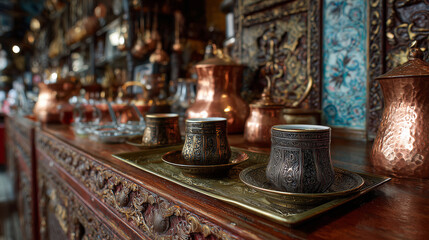 Fototapeta premium A traditional Turkish coffee shop Traditional Roman cafe bar interior with copper coffee pots, historic Italian espresso counter, warm vintage hospitality scene, authentic Rome restaurant atmosphere