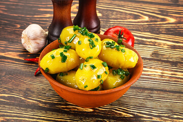 Boiled young potato with green onion
