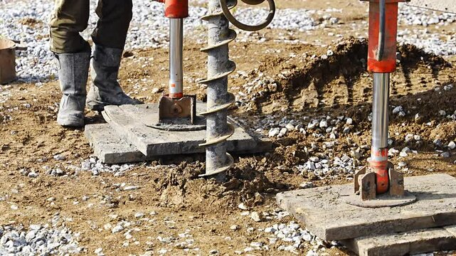 Close-up of soil sampling during pile drilling process. Extraction of subsurface material for geotechnical analysis and foundation assessment