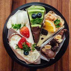 Delicious Assortment of Colorful Cake Slices on Wood Table