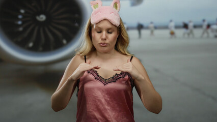 Woman in nightwear at airport terminal calming with breathing exercise in front of aircraft engine,...