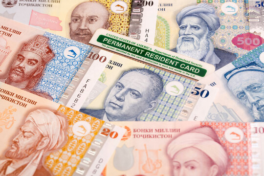 American Permanent Resident Card on Tajikistani money - somoni