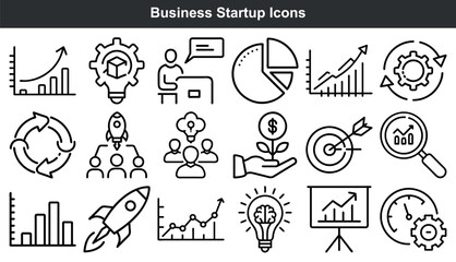Business Startup Icons Set Black Line Art Graphics