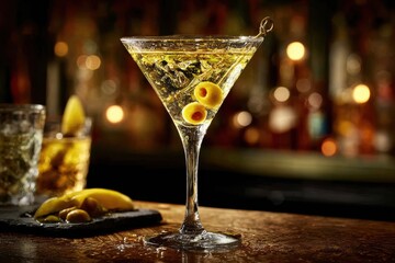 Close-up of a classic martini cocktail with olives on a rustic wooden bar, showcasing a sophisticated drink, ambiance, and classic glassware detail.