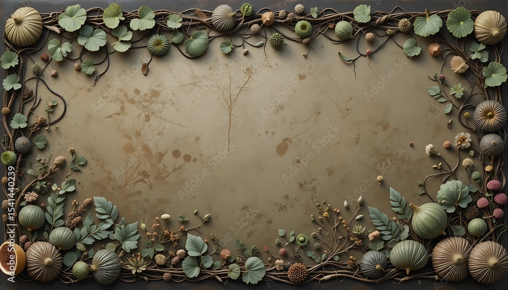 Poster botanical frame with greenery and rustic texture for background design
