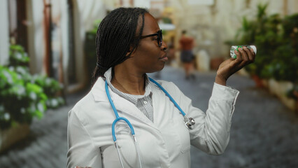 Female doctor with stethoscope holding bottle of pills on urban street examining medication outdoors with greenery blurred in background.