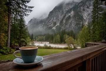 A refreshing coffee break amidst the majestic mountains on a rainy day, showcasing a captivating view of the lush green forest, scenic river, and misty mountain.