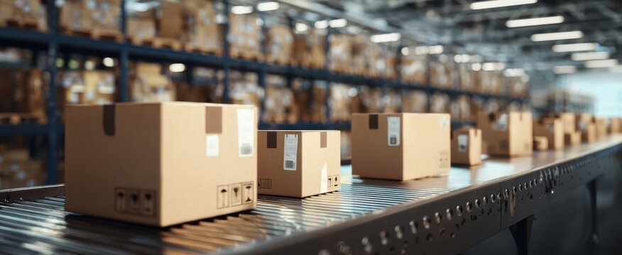 The organized flow of packages on a conveyor belt in a modern warehouse.