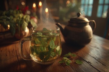 A cup of hot mint tea with steam on a wooden table, accompanied by a vintage teapot, showcasing a soothing and aromatic beverage in a warm, inviting atmosphere.
