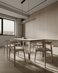 Beige living room interior with dining table and chairs on hardwood floor. Light wooden drawer with modern books and stylish decoration. 3D rendering