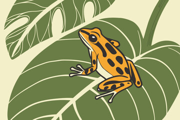 Orange frog on tropical leaves illustration