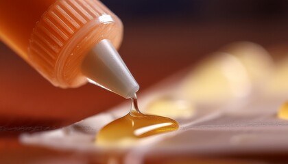 Amber liquid dispensing from a bottle onto a surface.