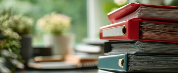 The colorful binders stacked neatly on a modern office desk.