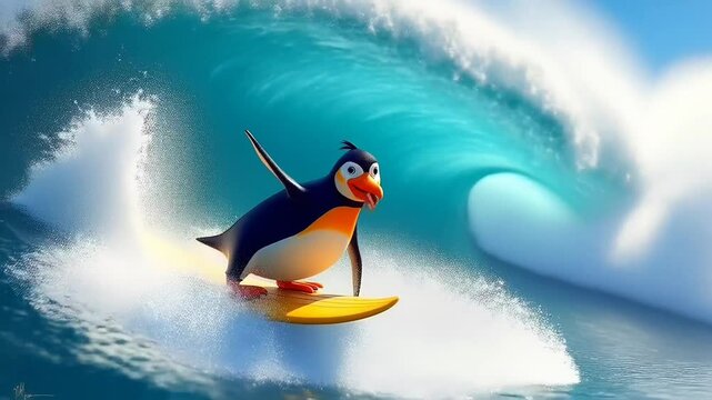 Cartoon penguin surfing big ocean wave
