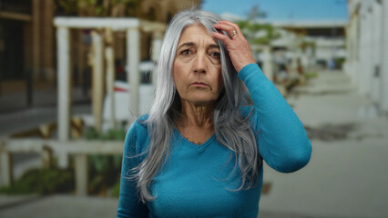 Senior woman with grey hair standing outdoors on a street, wearing a blue sweater, depicting an...