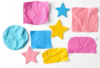 Wrinkled, glued paper stickers in various shapes (circle, square, star, triangle, oval, rhombus) isolated on white Vector, realistic style,  retro,   elements