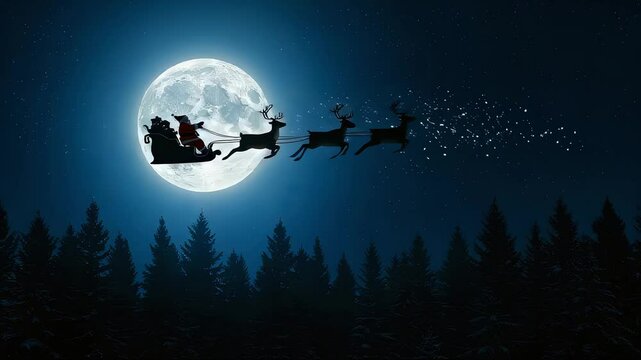 Silhouette of Santa Claus riding in a sleigh pulled by reindeer passing in front of a full moon