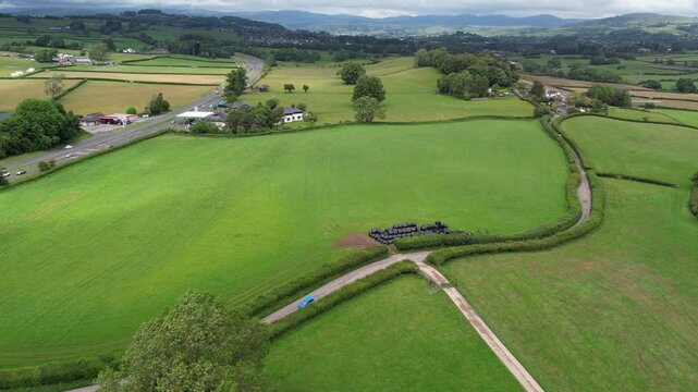 High Angle Footage of Village Countryside Landscape at Near Kendal Town, Lake District of England United Kingdom. Drone Camera Footage Was Captured on June 13th, 2025