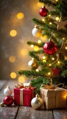 Christmas tree decorated with balls, gift boxes, garland lights in red, golden and white colors. New year card with copy space for text on the right on gold background. Certificate mockup design.