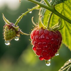 Close-up of a hybrid raspberry with glossy red drupelets, captured in natural sunlight with a vibrant green background. Summer harvest and organic fruit concept.