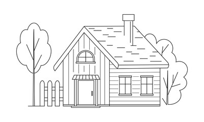Vector Line Art of a Wooden Village House with Trees and Fence