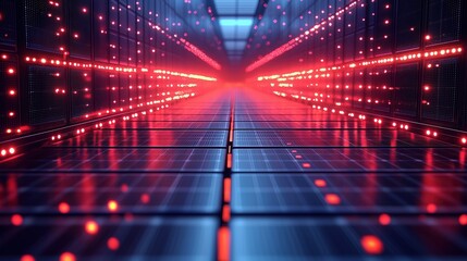 A HighTech Data Center with Rows of Solar Panels and Glowing Red Lights Reflecting Off the Surface, Creating a Unique Atmosphere of Futuristic Energy and Technology, Highlighting the Importance of Su