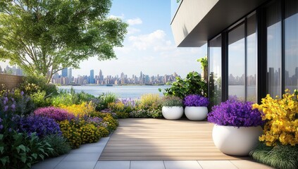 Rooftop terrace overlooking city skyline