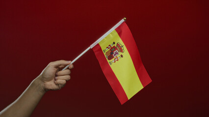 Hand of a man holding spanish flag against a red background, symbolizing patriotism and national...