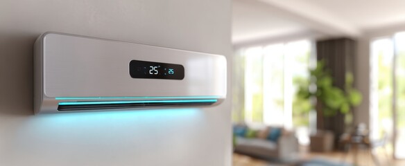 The modern air conditioning unit with smart features in bright living room.