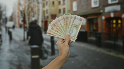 Hand holding united arab emirates dirham banknotes on a city street suggesting finance and wealth...