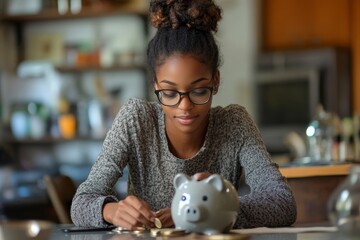 Young woman saving money by putting coins into a piggy bank on the table as part of her personal finance management., Generative AI
