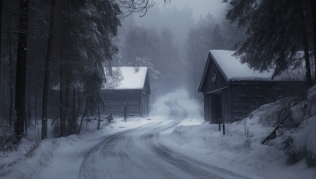 Snowy, misty forest road winds past rustic cabins