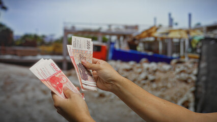 Man holding icelandic krona and counting banknotes against an urban construction site background,...