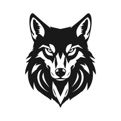 Wolf head illustration, wild animal emblem, tribal wolf design, monochrome vector art