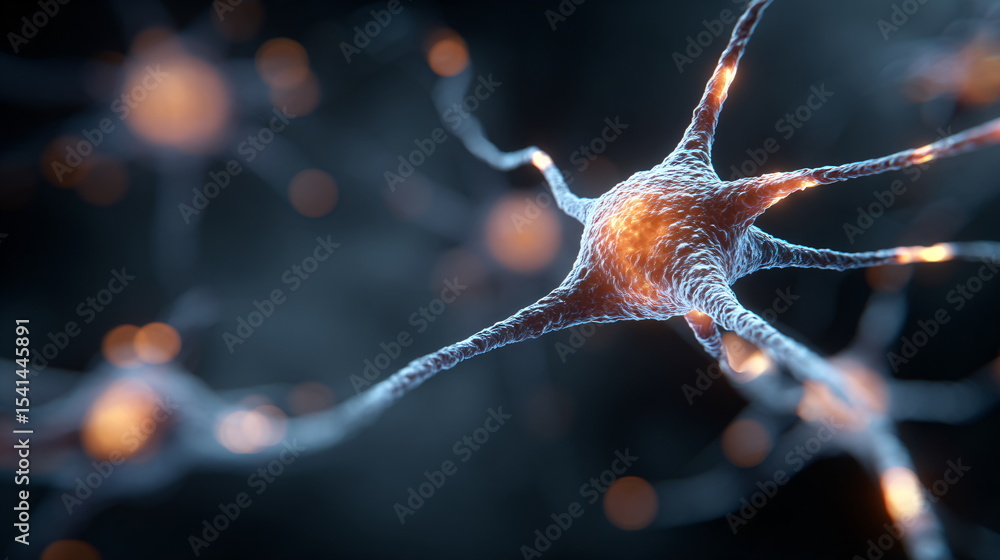 Poster close up view of a neuron with electric impulse. digital visualization of nerve cell or brain activi