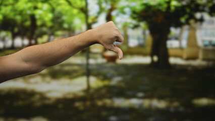 Man's hand giving a thumbs down in a sunlit park, surrounded by lush green trees and blurred...