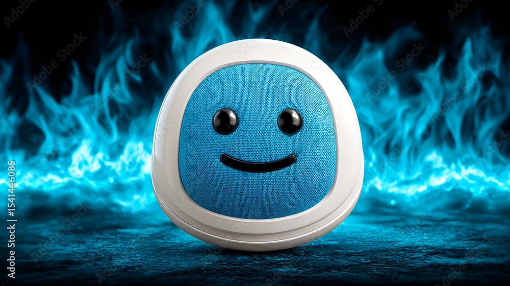 Poster a smiling futuristic chatbot face on a dark background with blue glowing light. artificial intellige