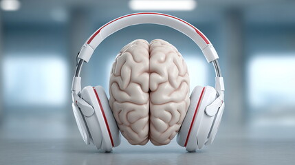 Human brain wearing white headphones. Concept of learning, concentration, meditation, or mental health.