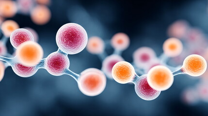 Microscopic view of a human cell structure. Biology and medical research concept. Scientific illustration for healthcare or biological study.
