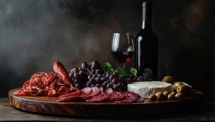 Rustic charcuterie board with wine