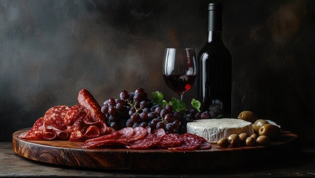Rustic charcuterie board with wine