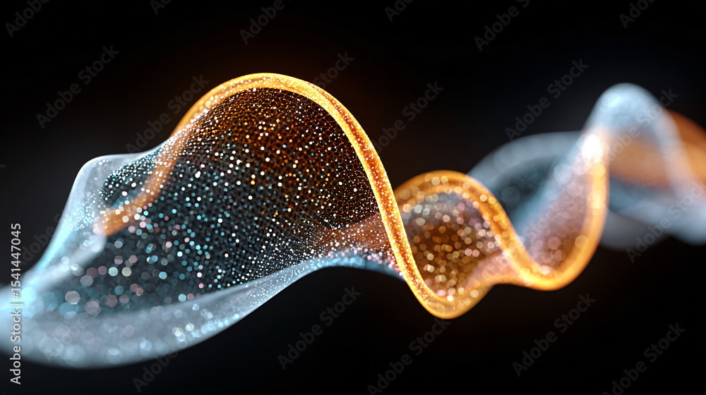 Poster abstract glowing wave of particle with golden and blue light trails. digital data flow and technolog