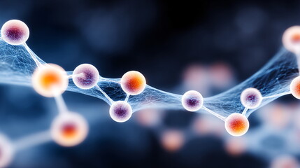 Microscopic view of molecules connected by fine lines. Science and healthcare concept background. Futuristic neuron cell or atom structure.