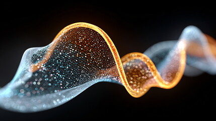 Abstract glowing wave of particle with golden and blue light trails. Digital data flow and technological connection concept.