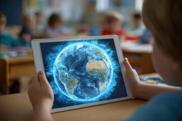 Young boy in classroom using tablet displaying digital earth globe, global education with modern technology in school, children learning geography, kids and the world.
